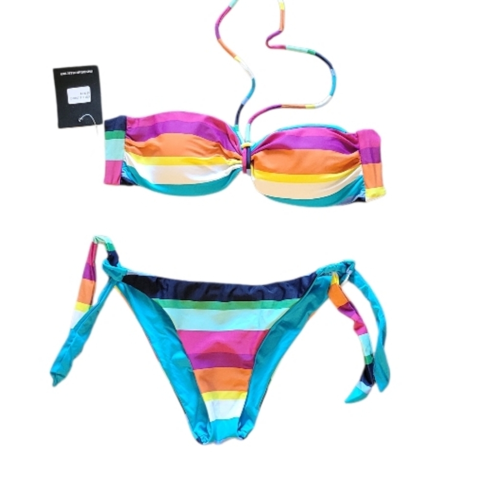 Striped Multicolor Bandeau Bikini Set - Women Swim Reversible